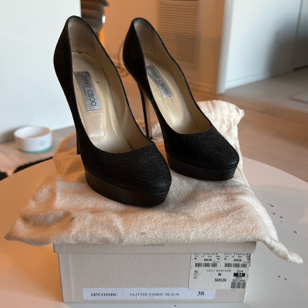 Jimmy Choo Glitter Fabric Black Heels
Size 8US
